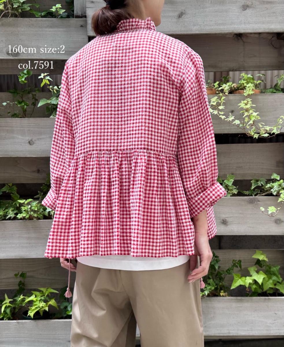 ●INMDS25021(ブラウス) HANDWOVEN COTTON/SILK GINGHAM CHECK FRILL CACHE COEUR