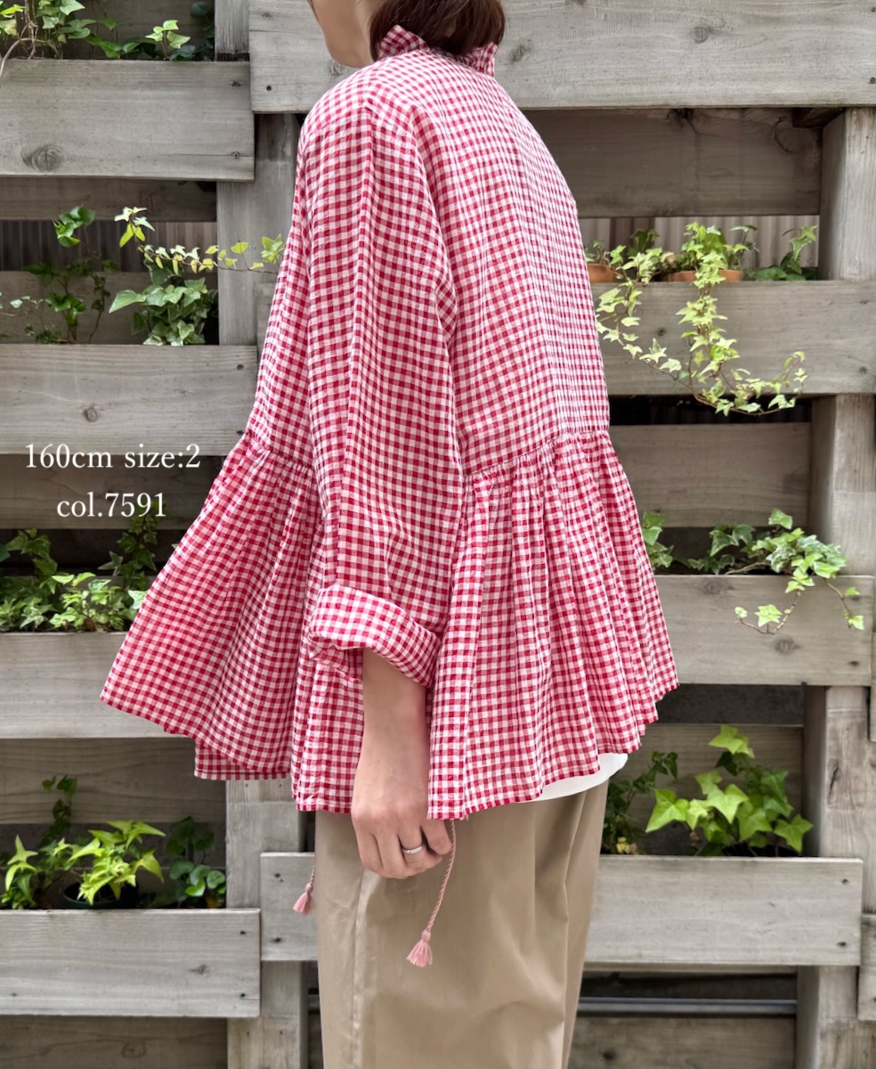 ●INMDS25021(ブラウス) HANDWOVEN COTTON/SILK GINGHAM CHECK FRILL CACHE COEUR