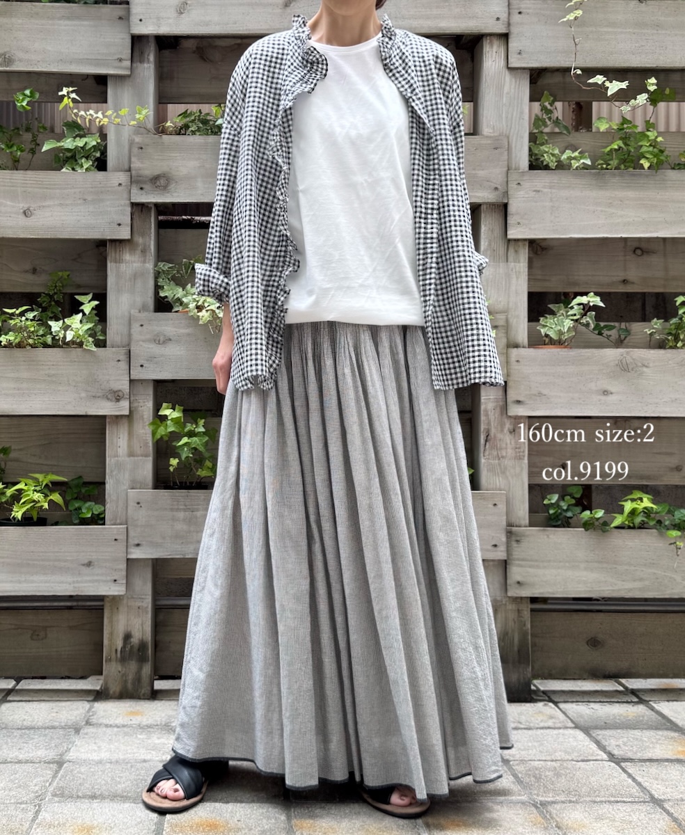 INMDS25055(スカート) HANDWOVEN COTTON SINGLE CHECK FLARED SKIRT WITH PINTUCK