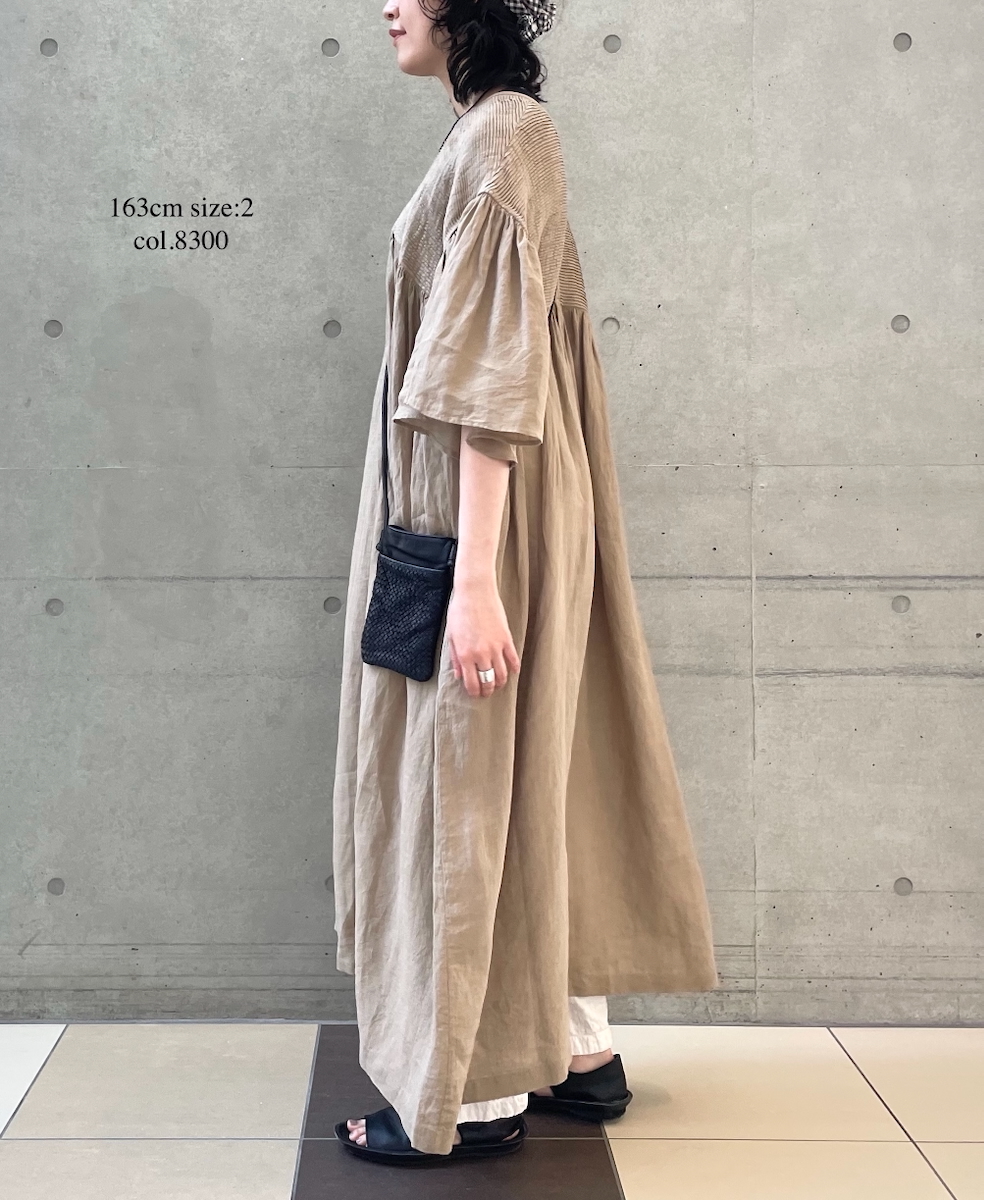 ●INMDS25003(ワンピース)YARN DYE AUTO LOOM 60s LINEN PLAIN BACK OPENING PULLOVER DRESS WITH MINI PINTUCK
