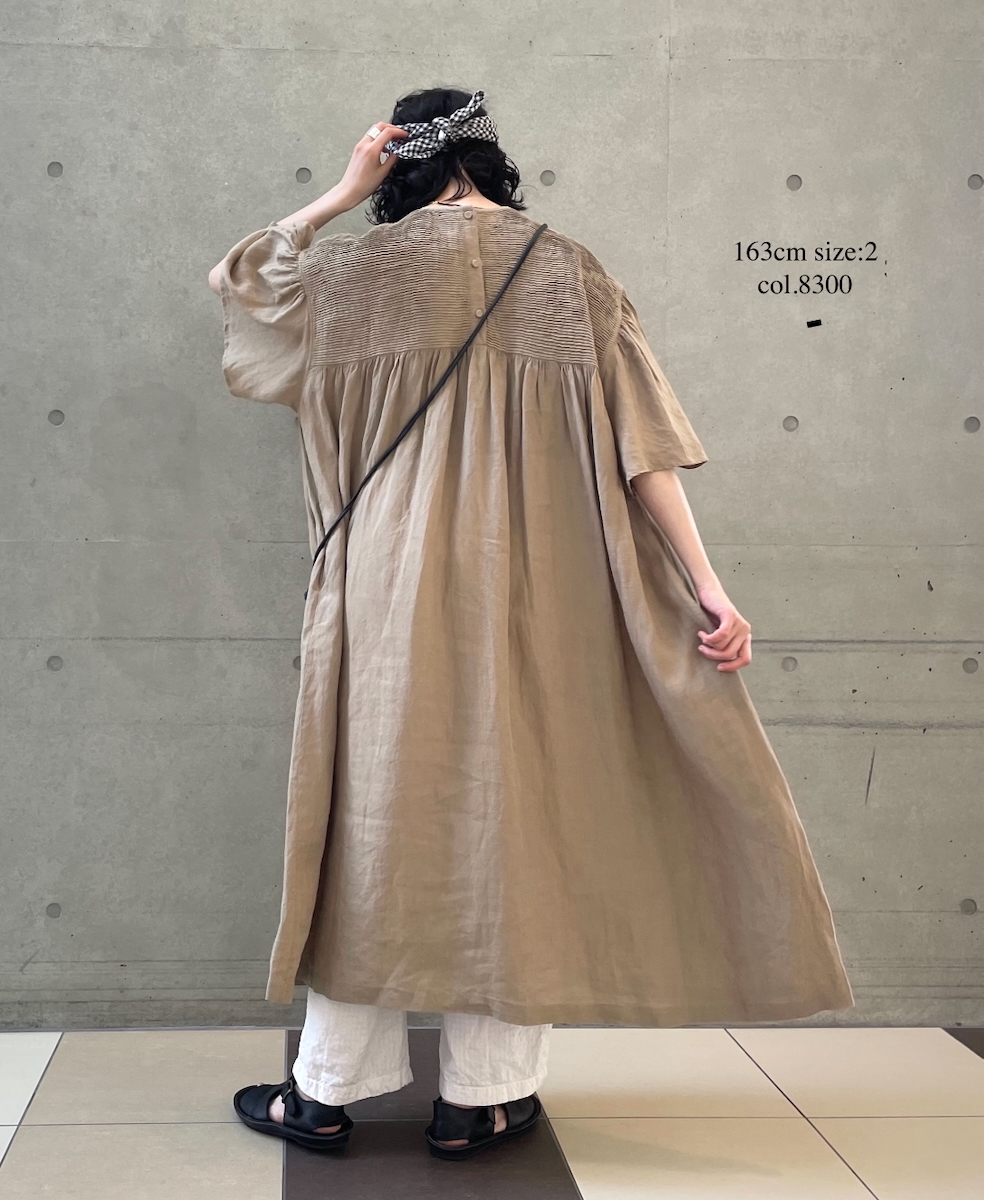 ●INMDS25003(ワンピース)YARN DYE AUTO LOOM 60s LINEN PLAIN BACK OPENING PULLOVER DRESS WITH MINI PINTUCK