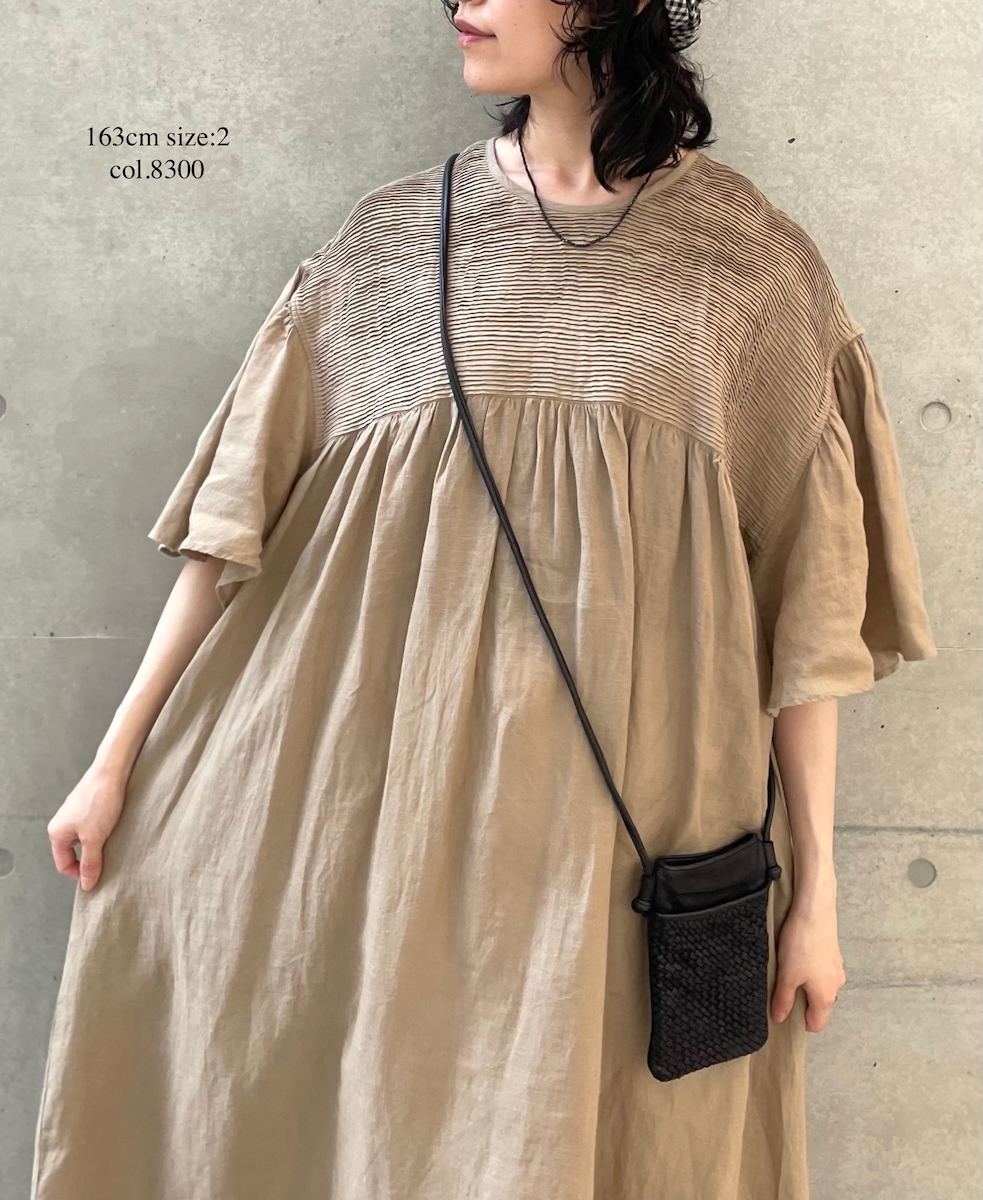●INMDS25003(ワンピース)YARN DYE AUTO LOOM 60s LINEN PLAIN BACK OPENING PULLOVER DRESS WITH MINI PINTUCK