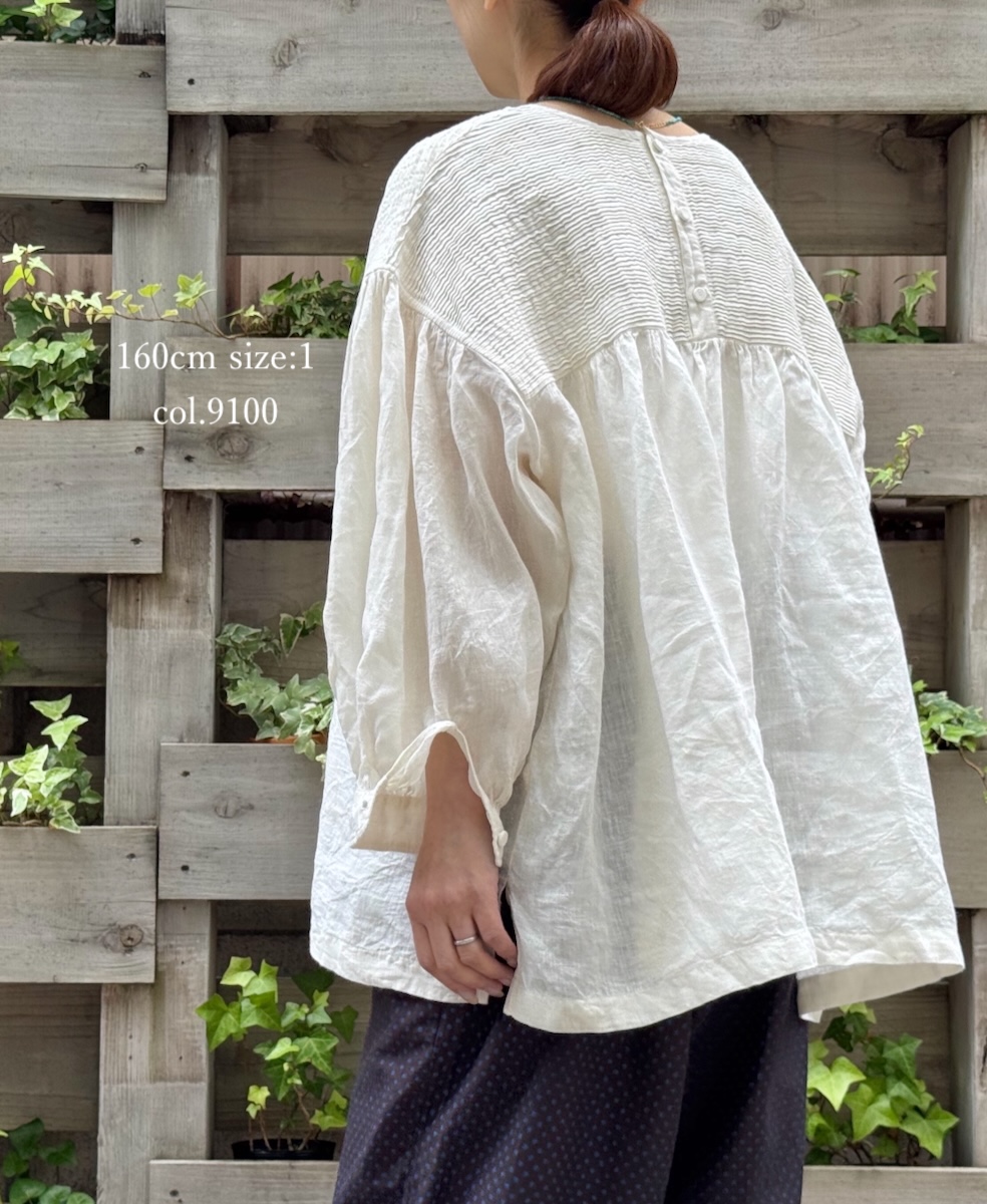 ●INMDS25001(シャツ)YARN DYE AUTO LOOM 60s LINEN PLAIN BACK OPENING PULLOVER WITH MINI PINTUCK