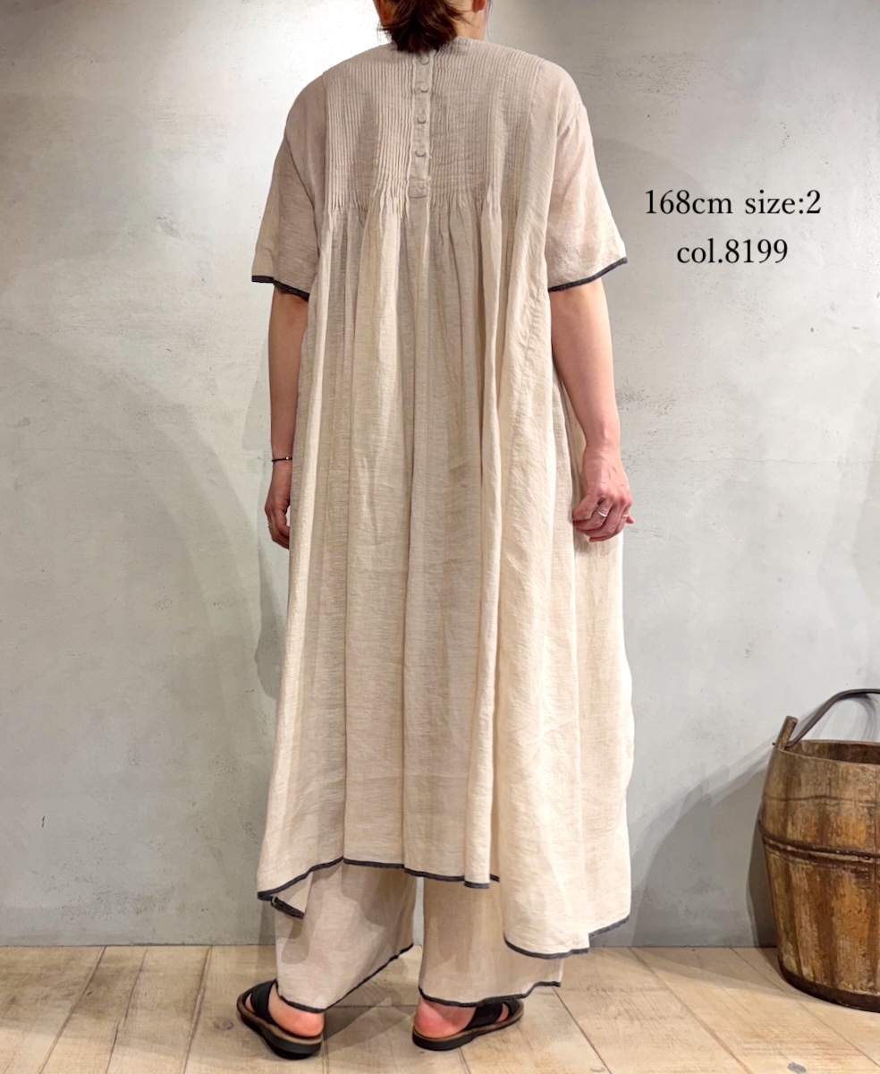 ●INMDS25132(ワンピース) HANDWOVEN LINEN PLAIN WITH SELVAGE CREW NECK HALF/SL DRESS WITH PINTUCK