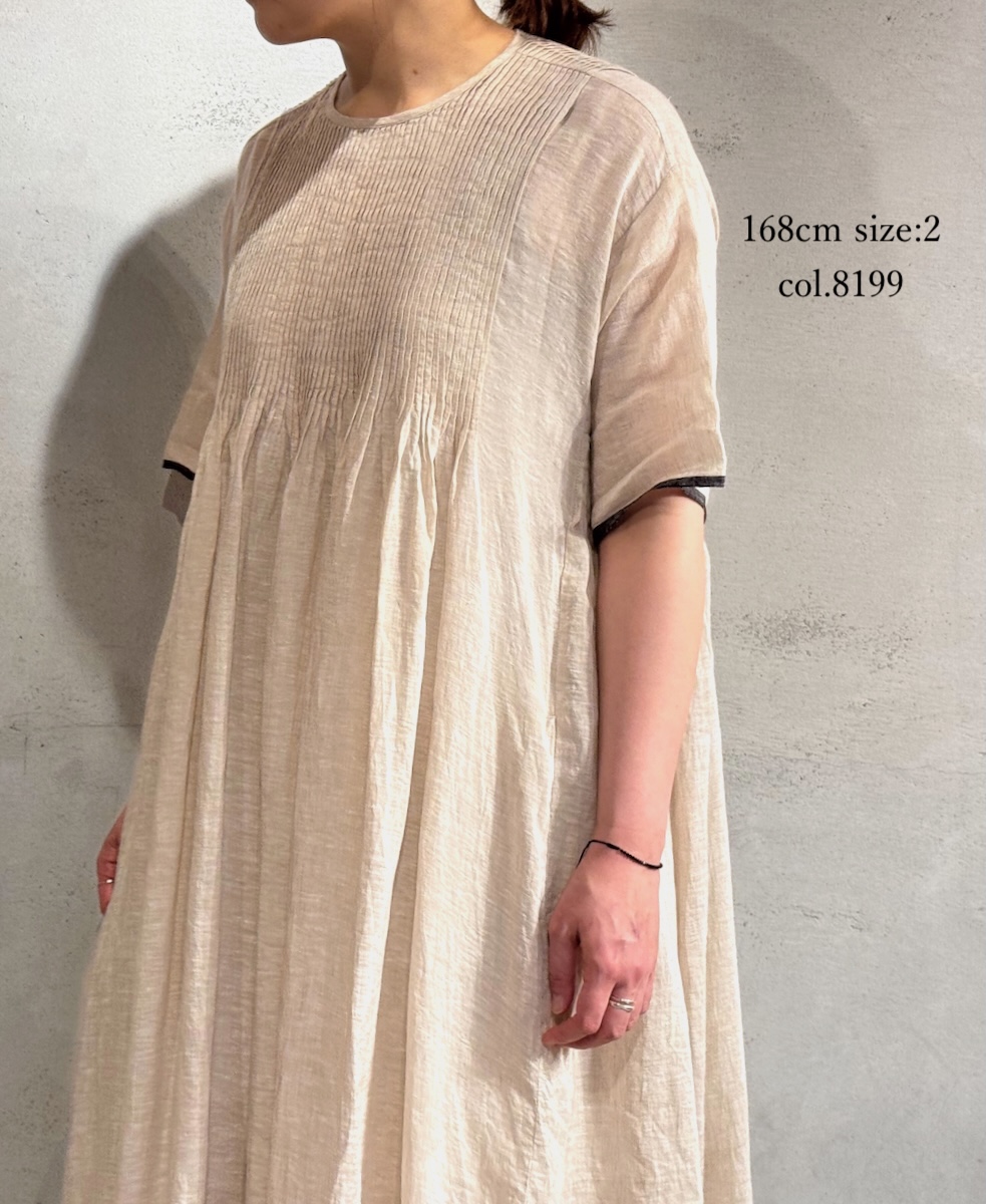 ●INMDS25132(ワンピース) HANDWOVEN LINEN PLAIN WITH SELVAGE CREW NECK HALF/SL DRESS WITH PINTUCK