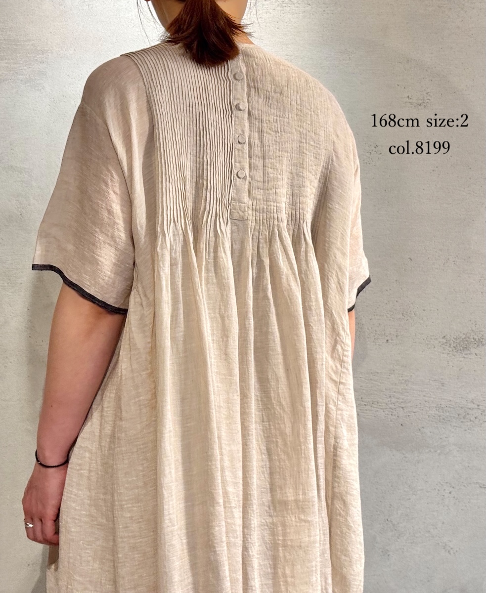 ●INMDS25132(ワンピース) HANDWOVEN LINEN PLAIN WITH SELVAGE CREW NECK HALF/SL DRESS WITH PINTUCK