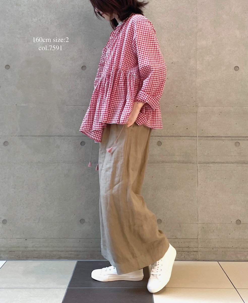 ●INMDS25021(ブラウス) HANDWOVEN COTTON/SILK GINGHAM CHECK FRILL CACHE COEUR