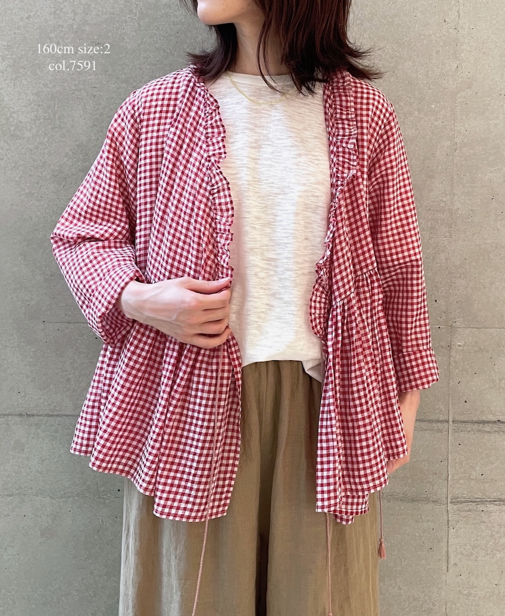 ●INMDS25021(ブラウス) HANDWOVEN COTTON/SILK GINGHAM CHECK FRILL CACHE COEUR