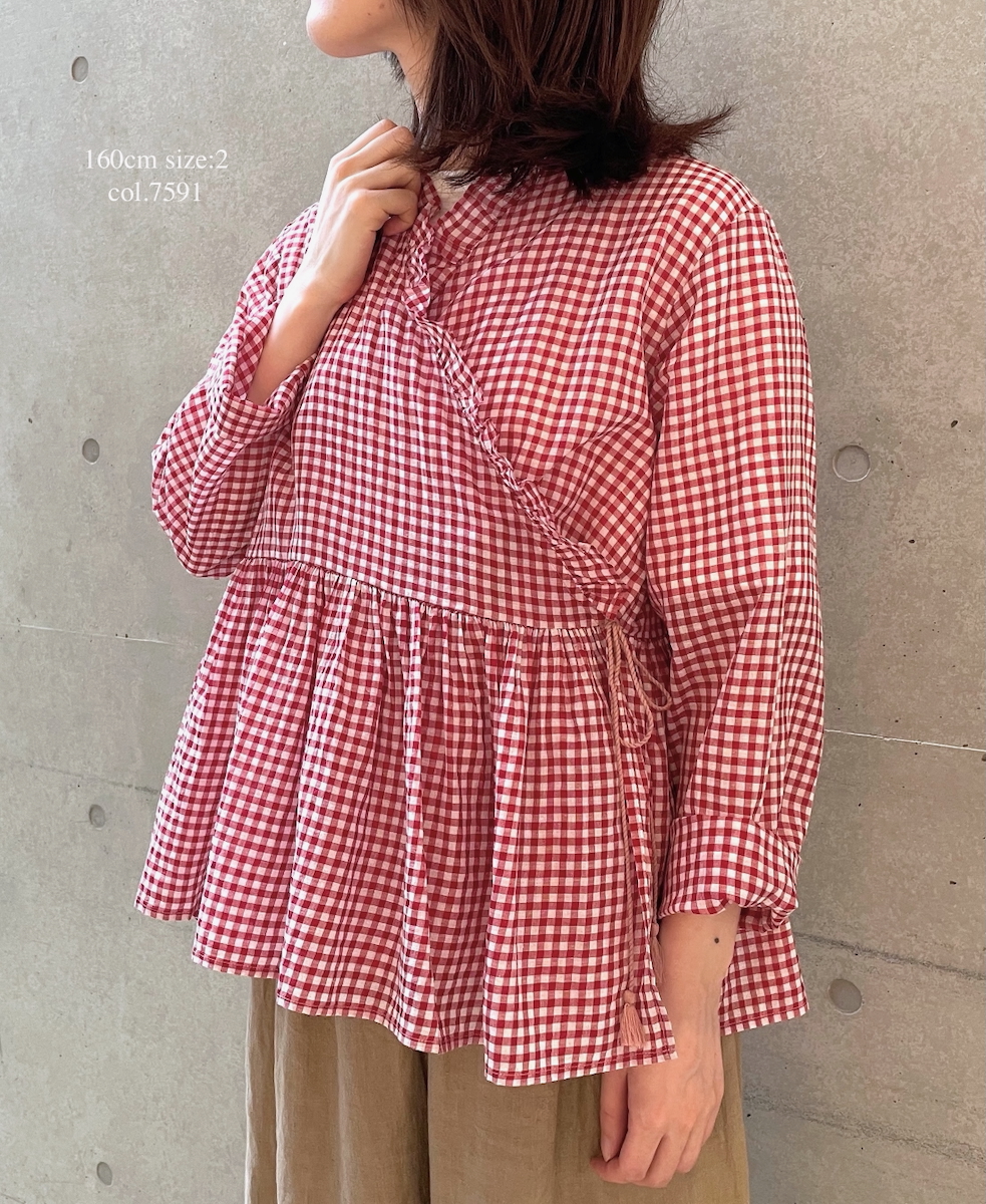 ●INMDS25021(ブラウス) HANDWOVEN COTTON/SILK GINGHAM CHECK FRILL CACHE COEUR
