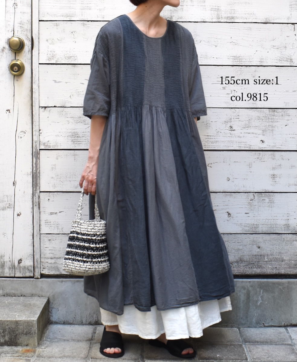 NMDS25232D(ワンピース) COTTON&LINEN PATCHWORK(OVERDYE) CREW-NECK S/SL SHIRT DRESS WITH MINI PINTUCK