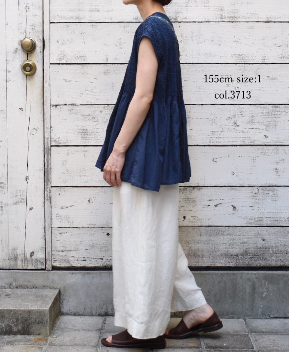 NMDS25231D(シャツ) COTTON&LINEN PATCHWORK(OVERDYE) CREW-NECK F/SL SHIRT WITH MINI PINTUCK