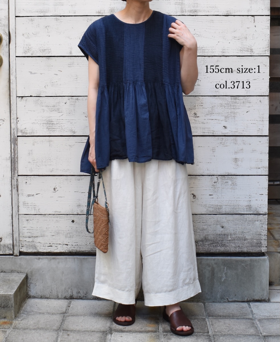 NMDS25231D(シャツ) COTTON&LINEN PATCHWORK(OVERDYE) CREW-NECK F/SL SHIRT WITH MINI PINTUCK