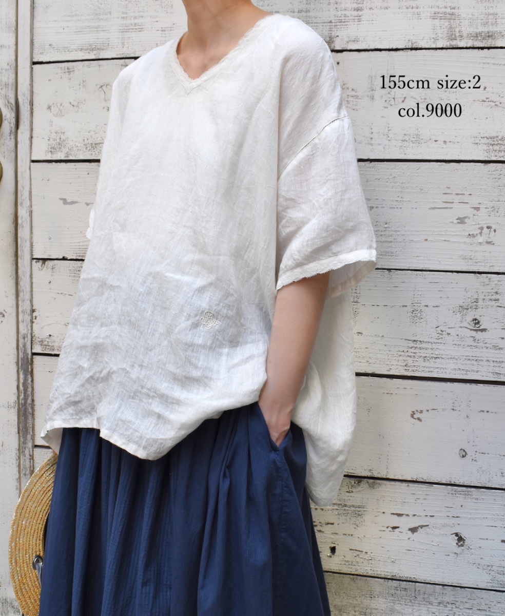 NMDS25243(プルオーバー) 80s POWER LOOM LINEN PLAIN V-NECK LACE S/SL PULLOVER