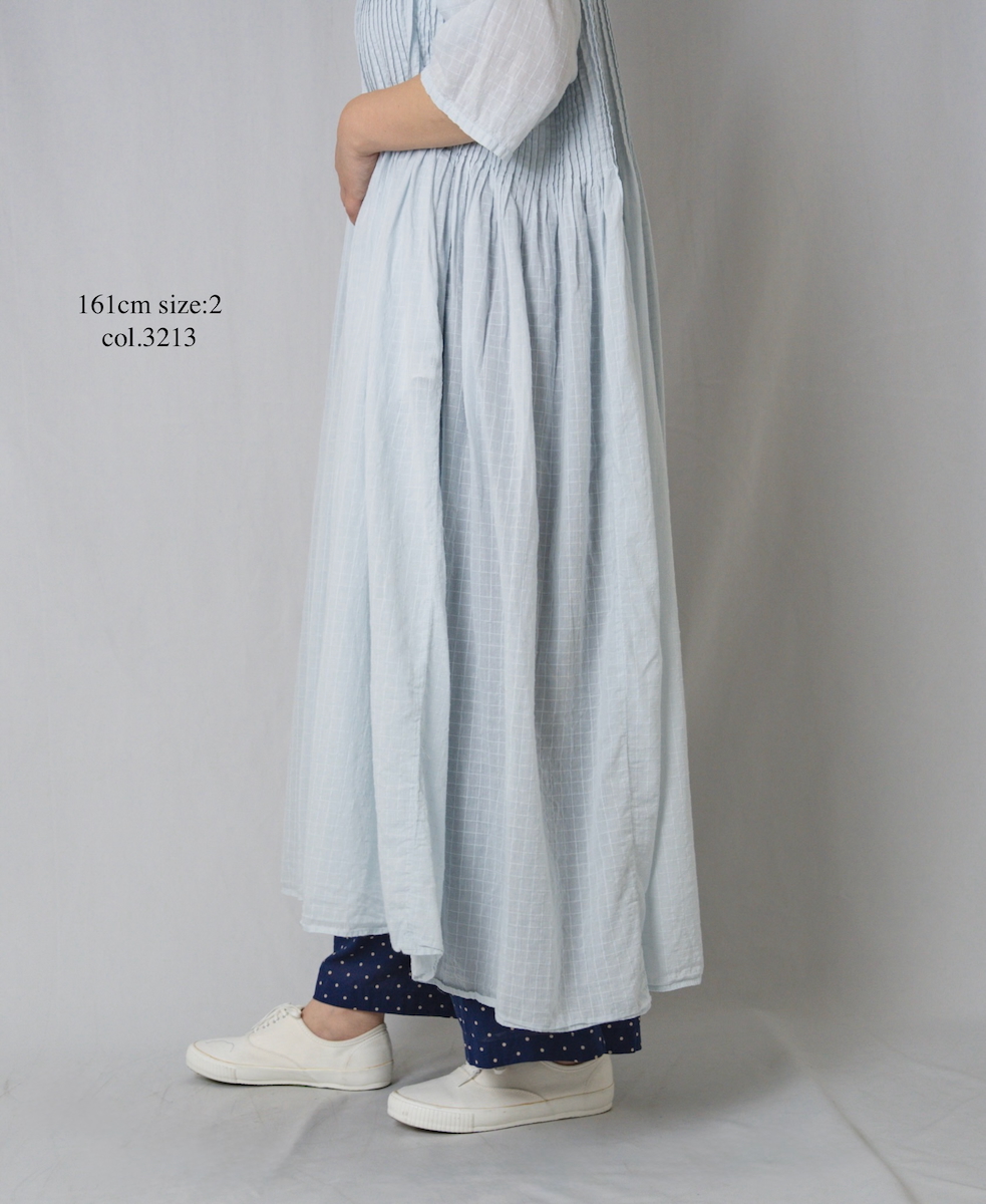 ●NMDS25254D(ワンピース) 80s ORGANIC DOBIE CHECK(OVERDYE) BANDED COLLAR MAXI DRESS WITH PINTUCK