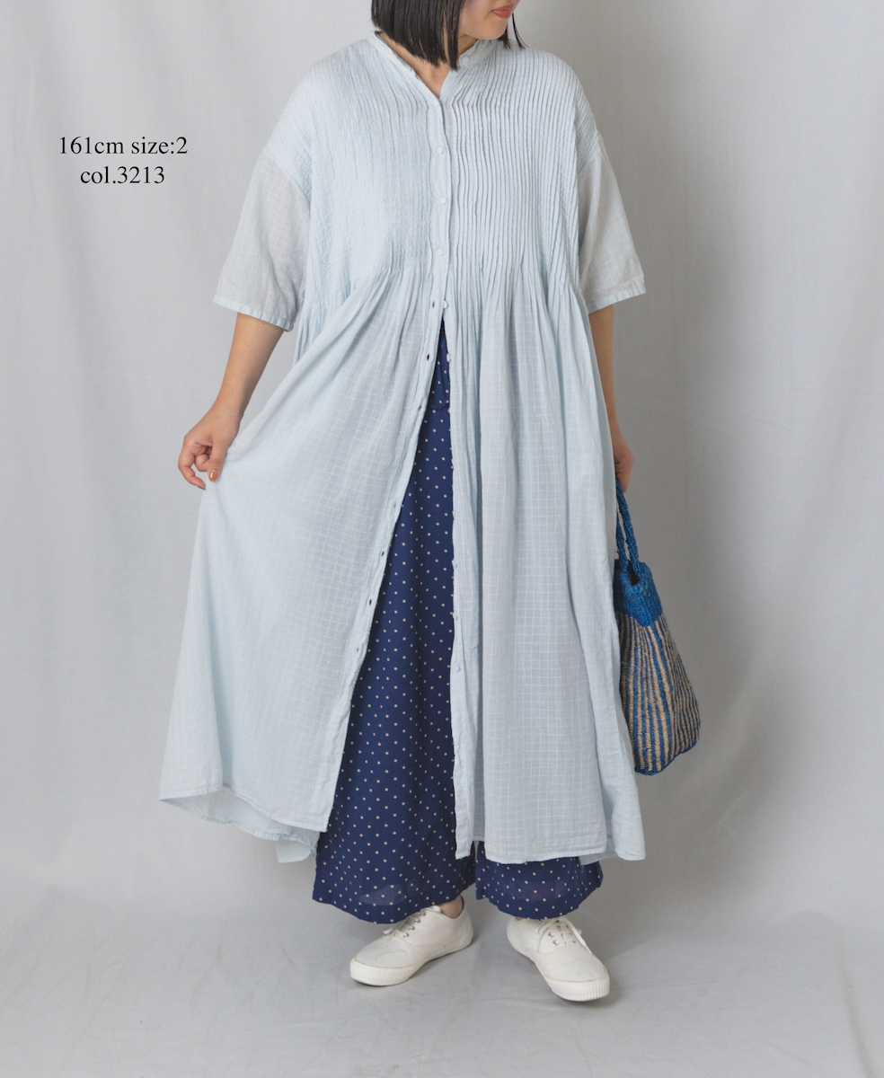 ●NMDS25254D(ワンピース) 80s ORGANIC DOBIE CHECK(OVERDYE) BANDED COLLAR MAXI DRESS WITH PINTUCK