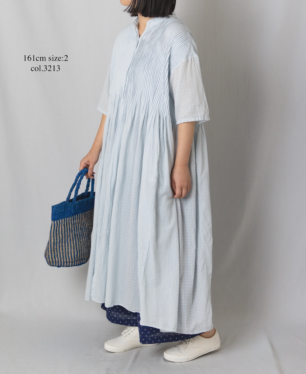 ●NMDS25254D(ワンピース) 80s ORGANIC DOBIE CHECK(OVERDYE) BANDED COLLAR MAXI DRESS WITH PINTUCK