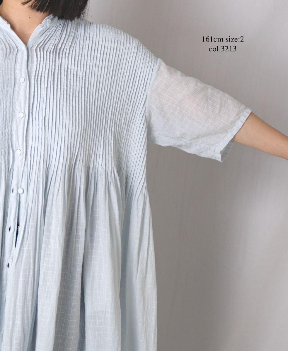 ●NMDS25254D(ワンピース) 80s ORGANIC DOBIE CHECK(OVERDYE) BANDED COLLAR MAXI DRESS WITH PINTUCK