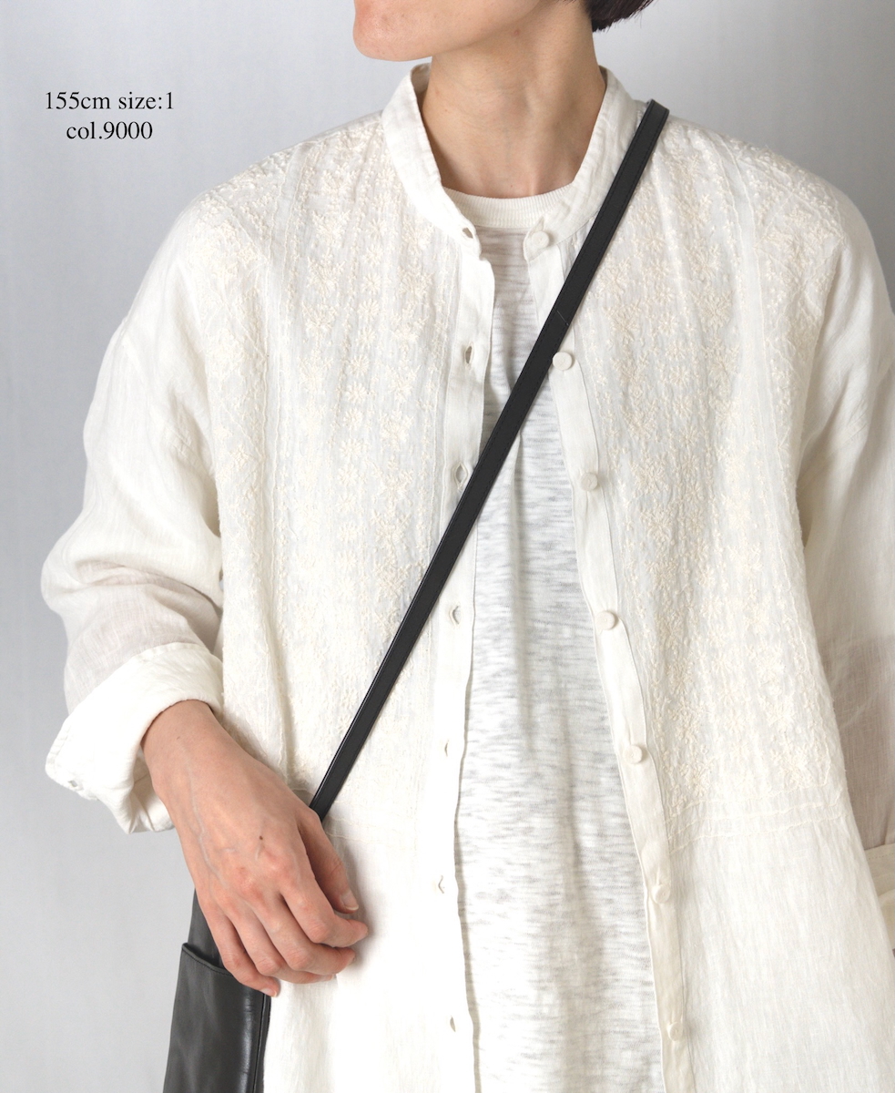 NMDS25241(シャツ) 80s POWER LOOM LINEN PLAIN BANDED COLLAR EMB SHIRT