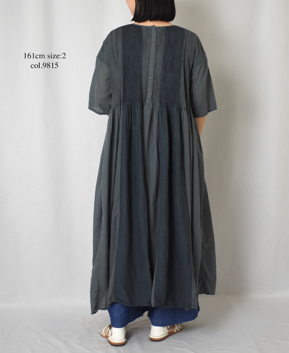 NMDS25232D(ワンピース) COTTON&LINEN PATCHWORK(OVERDYE) CREW-NECK S/SL SHIRT DRESS WITH MINI PINTUCK