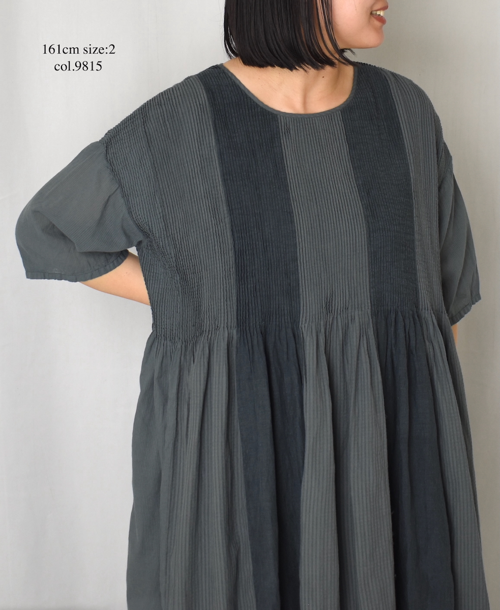 NMDS25232D(ワンピース) COTTON&LINEN PATCHWORK(OVERDYE) CREW-NECK S/SL SHIRT DRESS WITH MINI PINTUCK