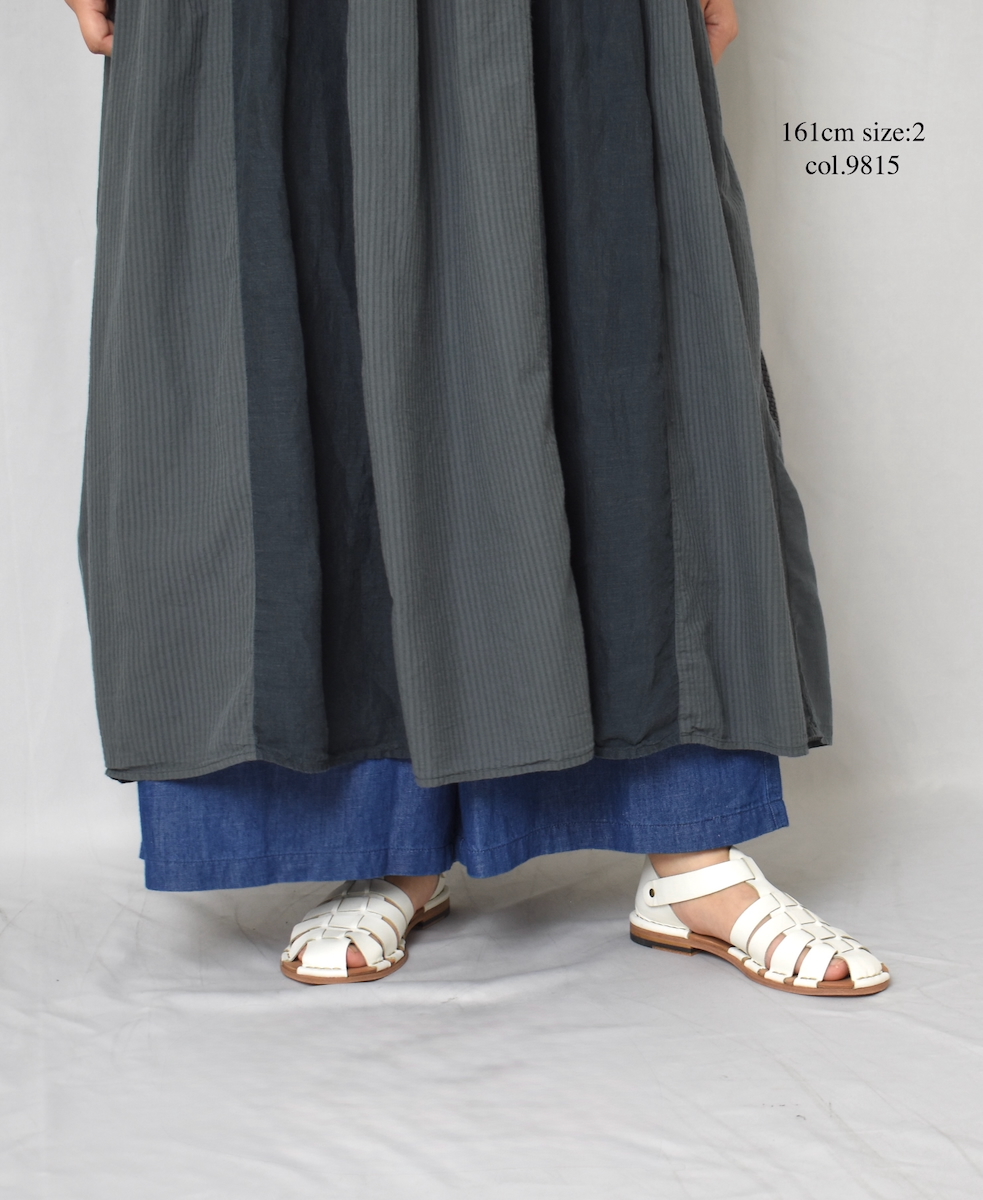 NMDS25232D(ワンピース) COTTON&LINEN PATCHWORK(OVERDYE) CREW-NECK S/SL SHIRT DRESS WITH MINI PINTUCK