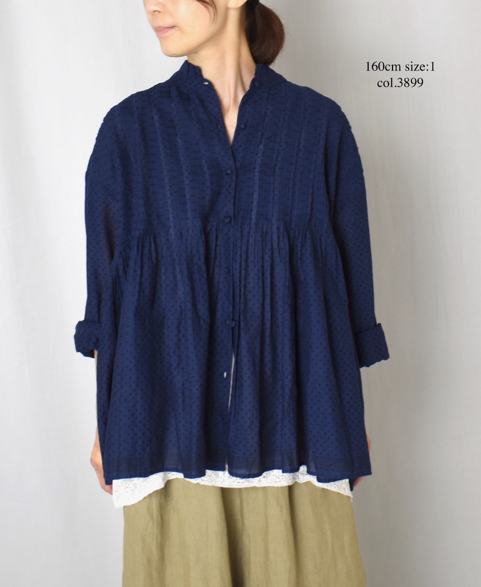 NMDS25261(シャツ) 80s VOIL DOT&TREE BLOCK PRINT FRILL COLLAR PINTUCK SHIRT WITH RANDOM PLEATS