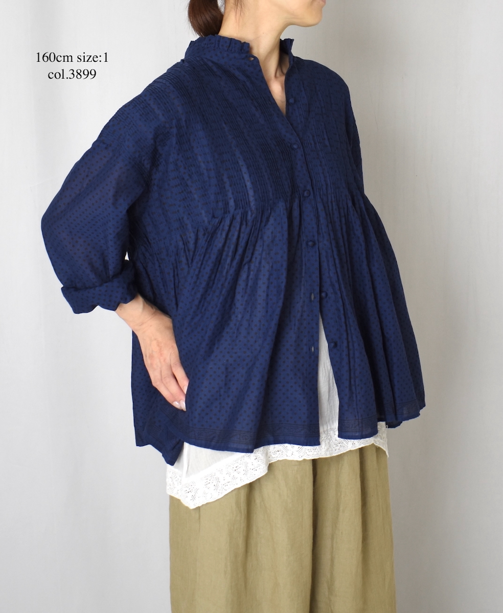 NMDS25261(シャツ) 80s VOIL DOT&TREE BLOCK PRINT FRILL COLLAR PINTUCK SHIRT WITH RANDOM PLEATS
