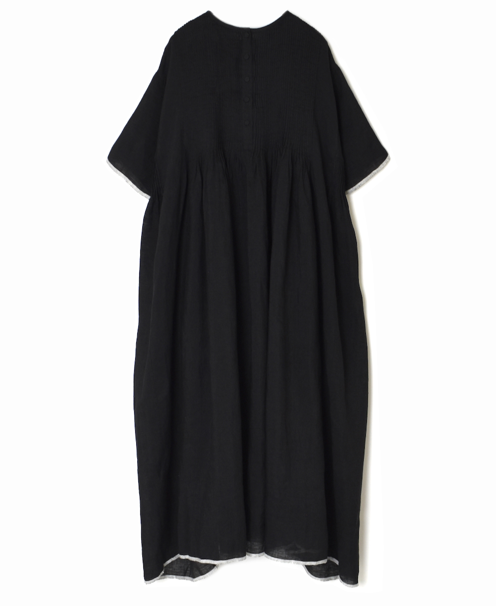 ●INMDS25132(ワンピース) HANDWOVEN LINEN PLAIN WITH SELVAGE CREW NECK HALF/SL DRESS WITH PINTUCK
