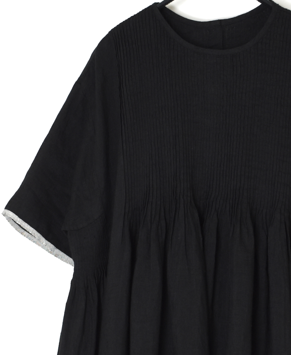 ●INMDS25132(ワンピース) HANDWOVEN LINEN PLAIN WITH SELVAGE CREW NECK HALF/SL DRESS WITH PINTUCK