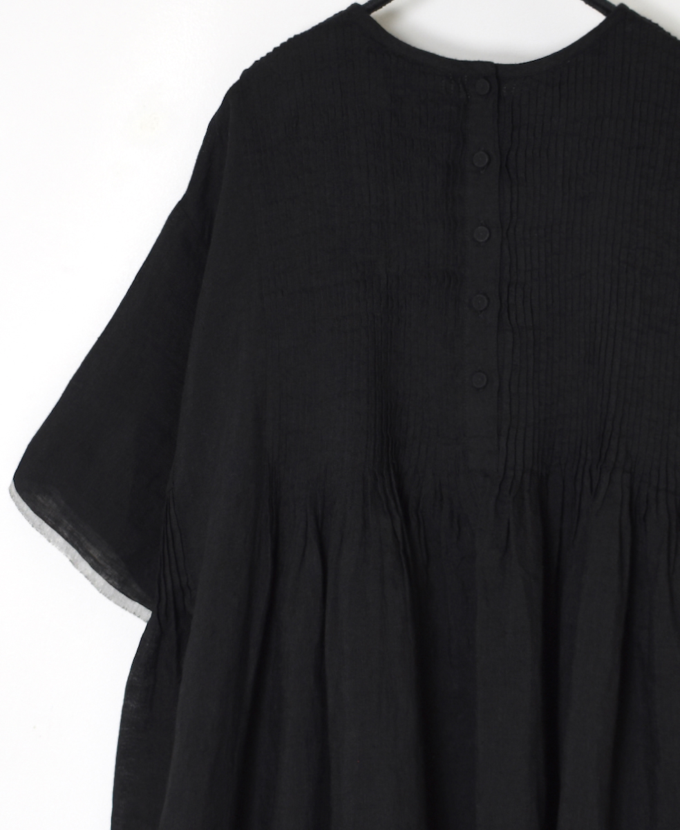 ●INMDS25132(ワンピース) HANDWOVEN LINEN PLAIN WITH SELVAGE CREW NECK HALF/SL DRESS WITH PINTUCK