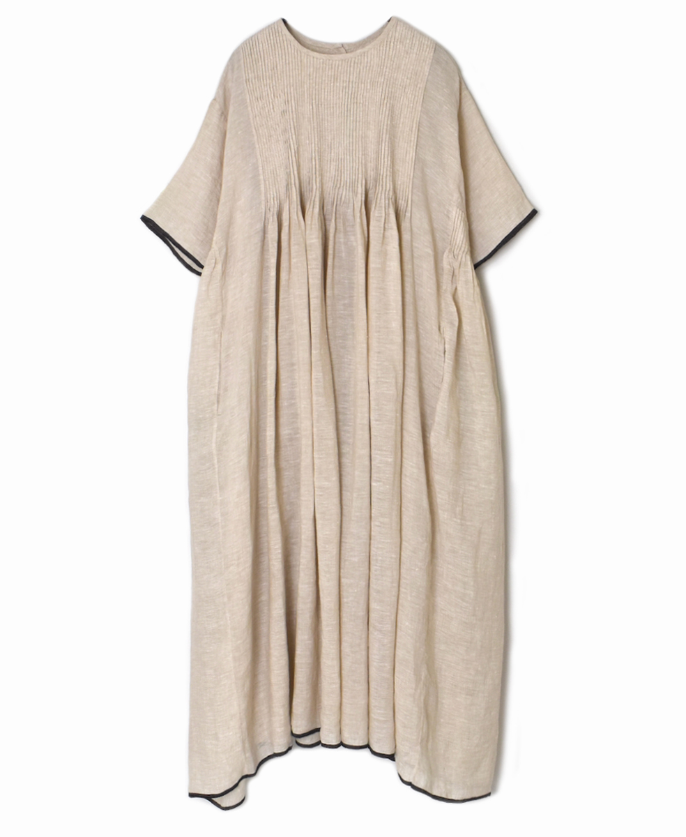 ●INMDS25132(ワンピース) HANDWOVEN LINEN PLAIN WITH SELVAGE CREW NECK HALF/SL DRESS WITH PINTUCK
