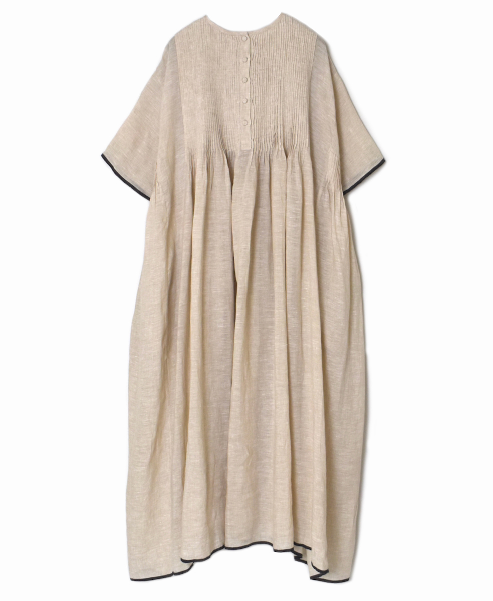 ●INMDS25132(ワンピース) HANDWOVEN LINEN PLAIN WITH SELVAGE CREW NECK HALF/SL DRESS WITH PINTUCK