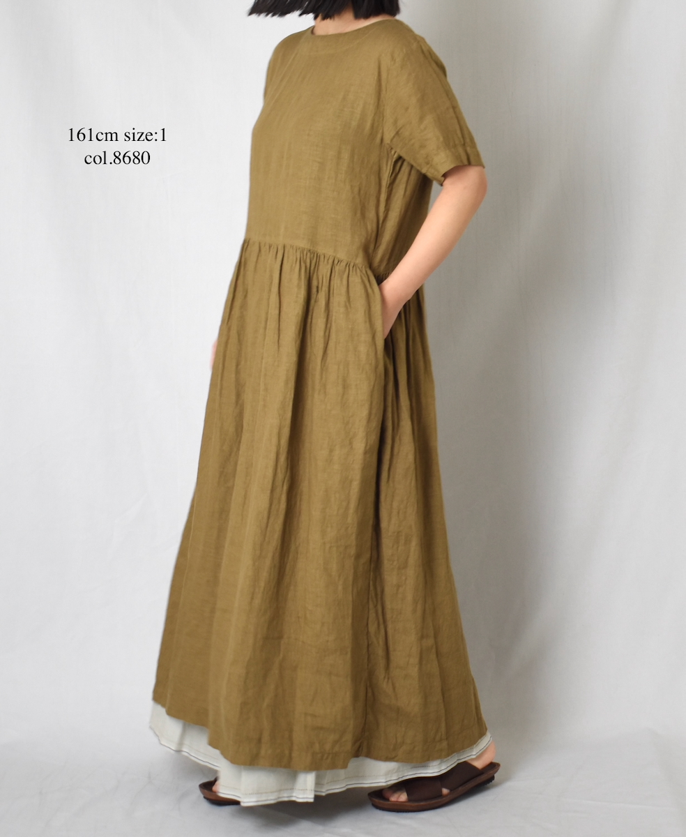 NAM1632LP (ワンピース) LINEN PLAIN (OVERDYE) BOAT NECK S/SL ONE-PIECE