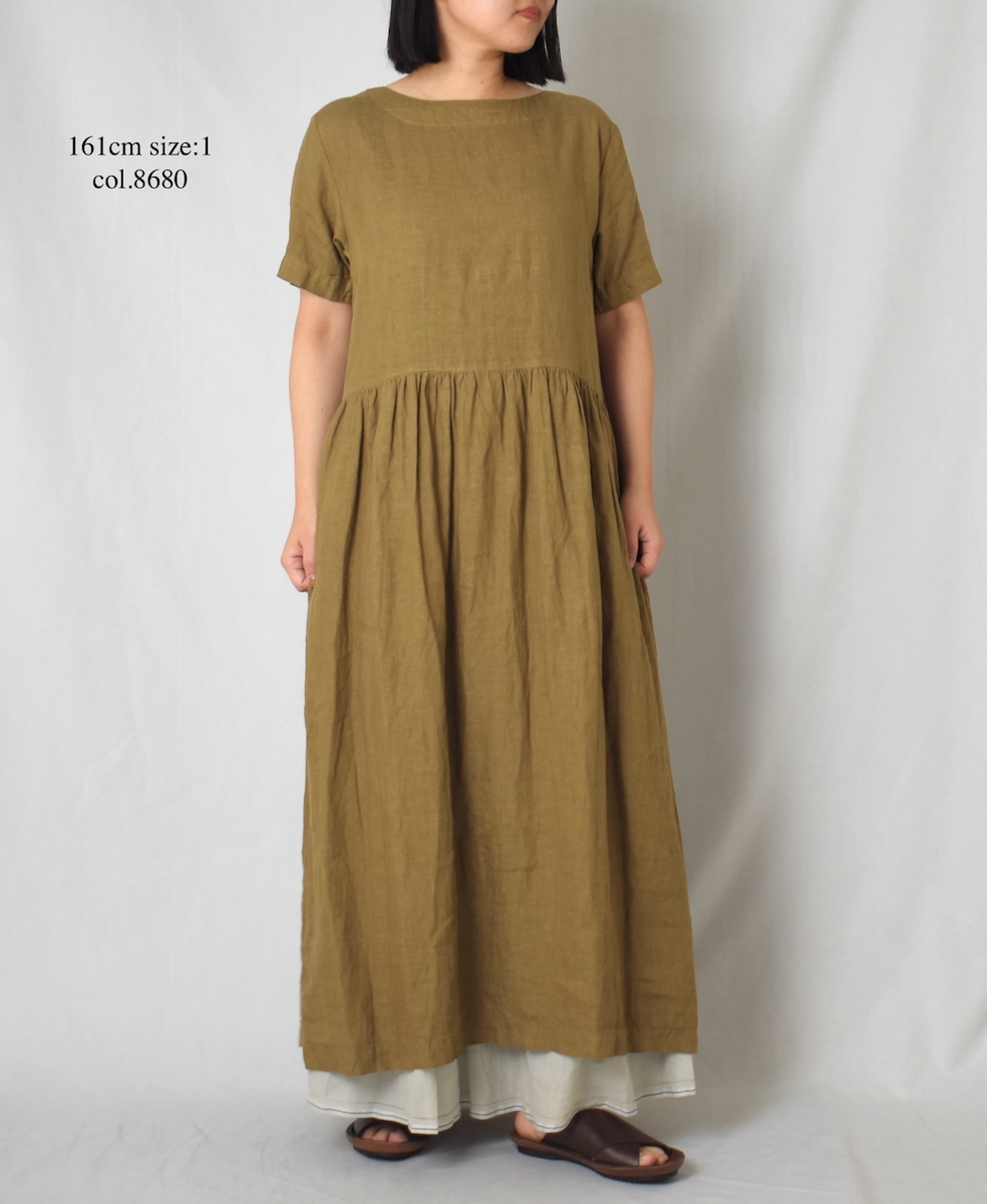 NAM1632LP (ワンピース) LINEN PLAIN (OVERDYE) BOAT NECK S/SL ONE-PIECE