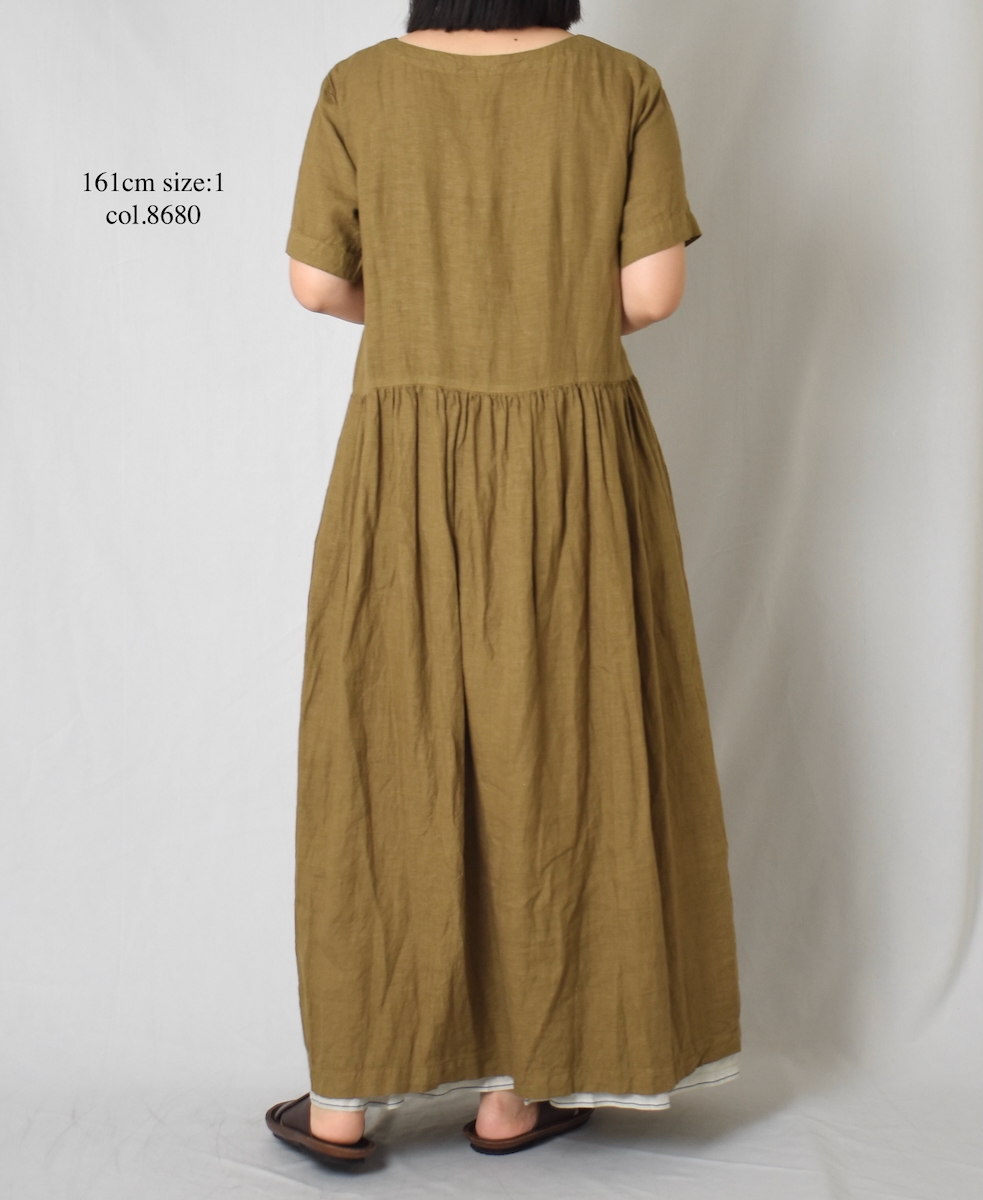 NAM1632LP (ワンピース) LINEN PLAIN (OVERDYE) BOAT NECK S/SL ONE-PIECE