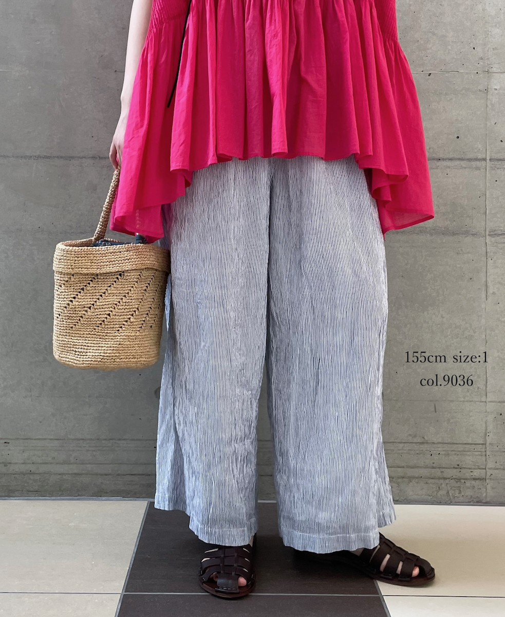 INAM2505GSD(パンツ) SINGLE GAUZE STRIPE OVERDYE GATHERED EASY PANTS WITH LINING