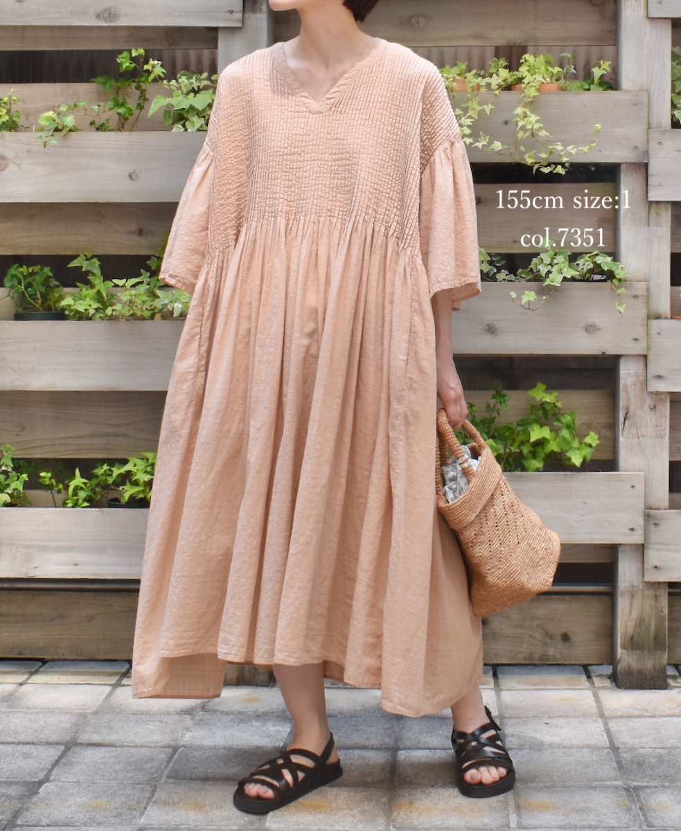 NMDS25253D(ワンピース) 80s ORGANIC DOBIE CHECK(OVERDYE) FLARED SLEEVE DRESS WITH PINTUCK