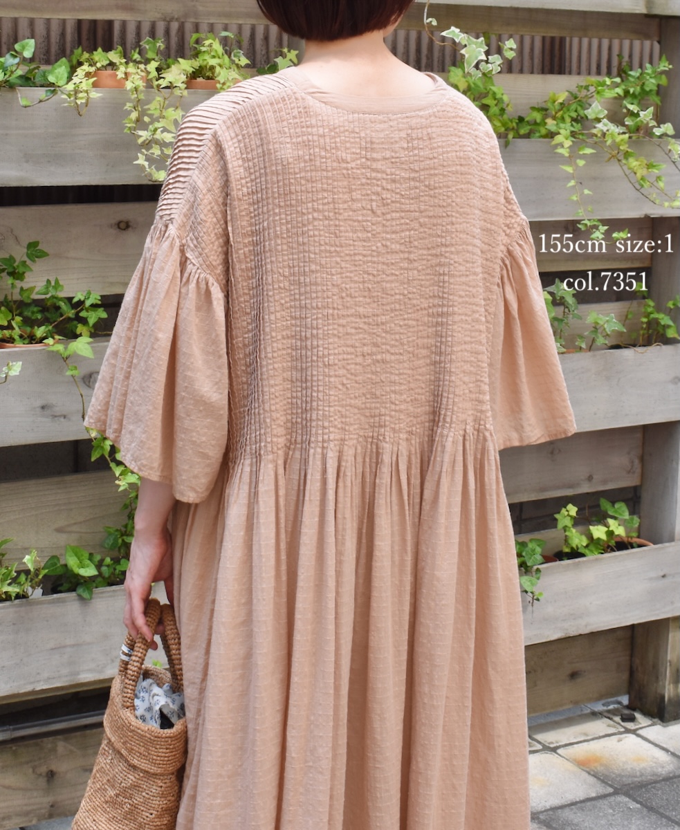 NMDS25253D(ワンピース) 80s ORGANIC DOBIE CHECK(OVERDYE) FLARED SLEEVE DRESS WITH PINTUCK