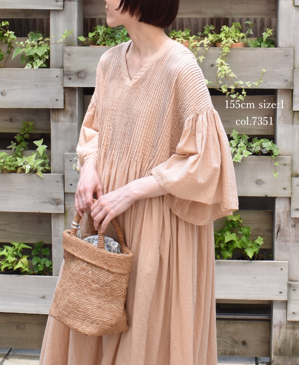 NMDS25253D(ワンピース) 80s ORGANIC DOBIE CHECK(OVERDYE) FLARED SLEEVE DRESS WITH PINTUCK