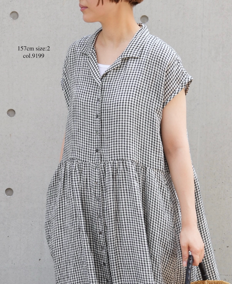 INSL25214(ワンピース) 60s LINEN CHECK OPEN COLLAR SHIRT DRESS