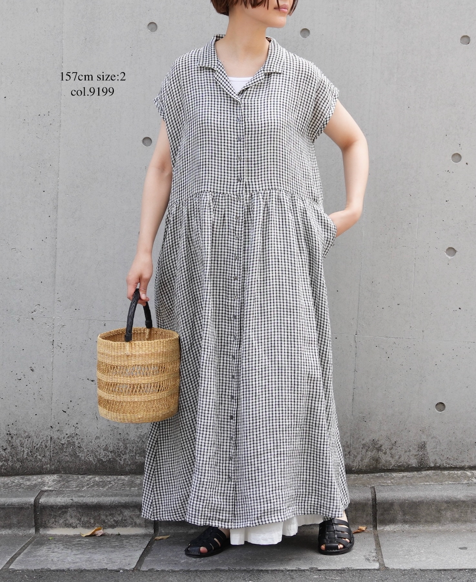 INSL25214(ワンピース) 60s LINEN CHECK OPEN COLLAR SHIRT DRESS