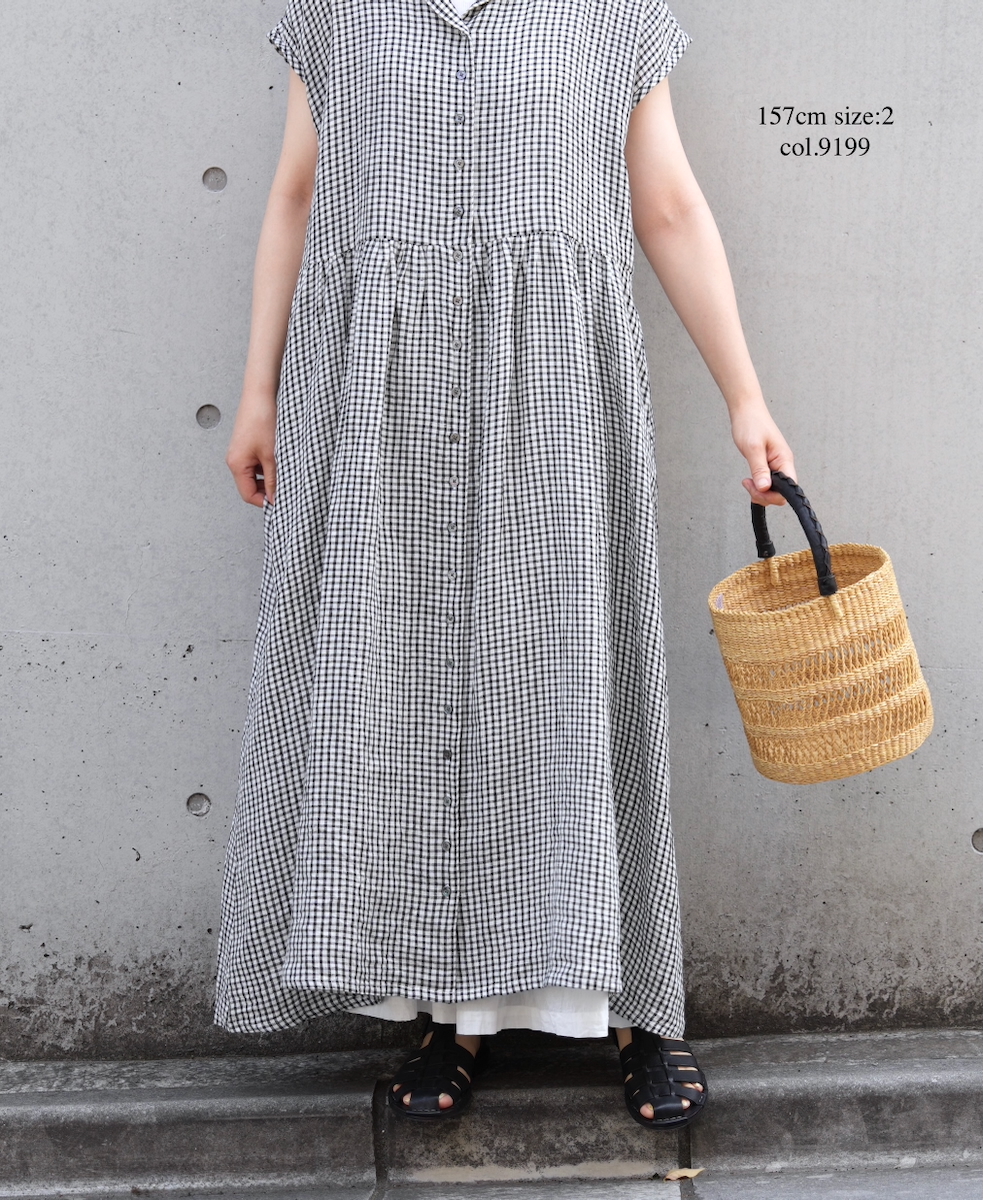 INSL25214(ワンピース) 60s LINEN CHECK OPEN COLLAR SHIRT DRESS