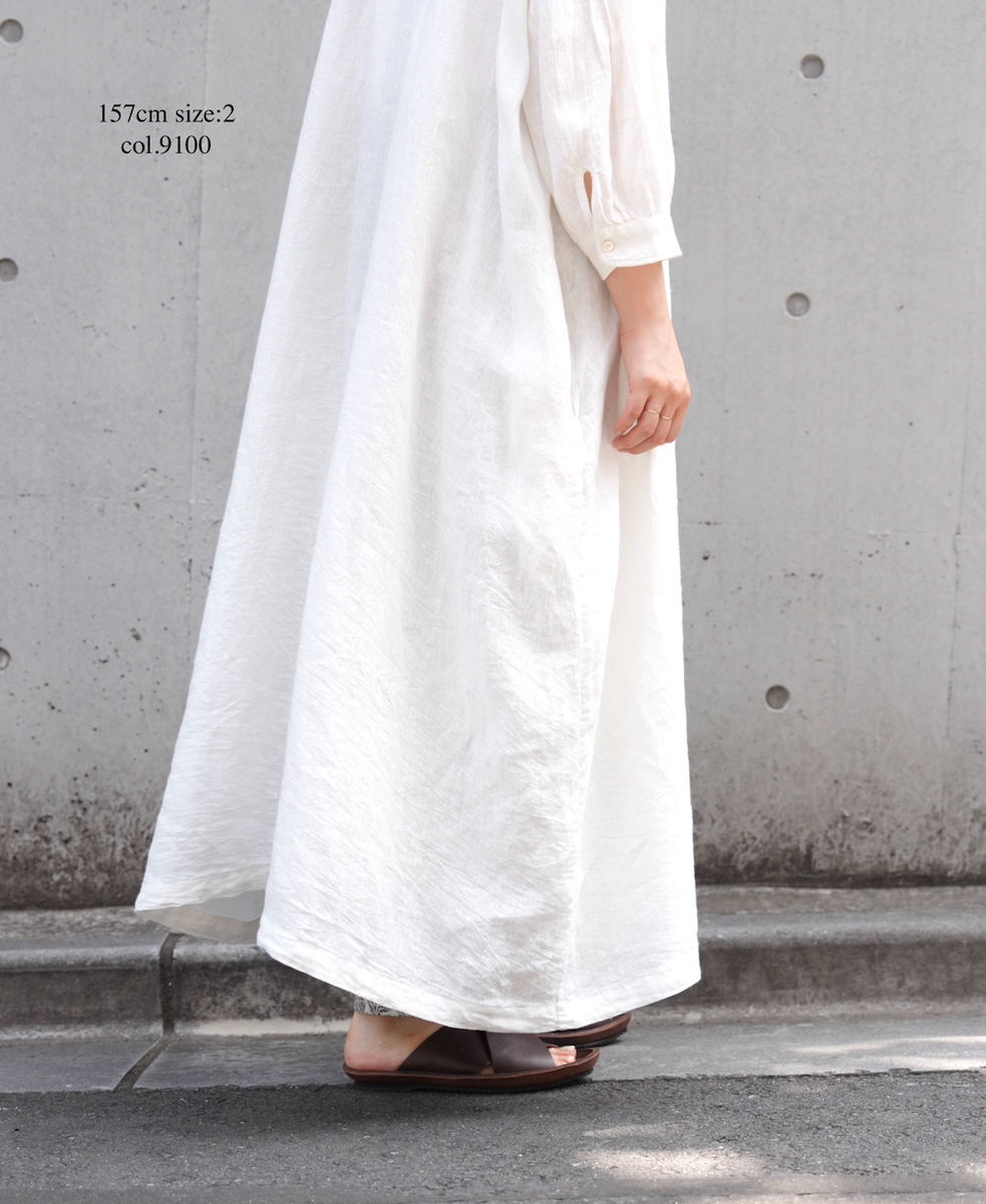 INSL25203(ワンピース) 60s LINEN PLAIN BANDED COLLAR 3/4SL PINTUCK DRESS