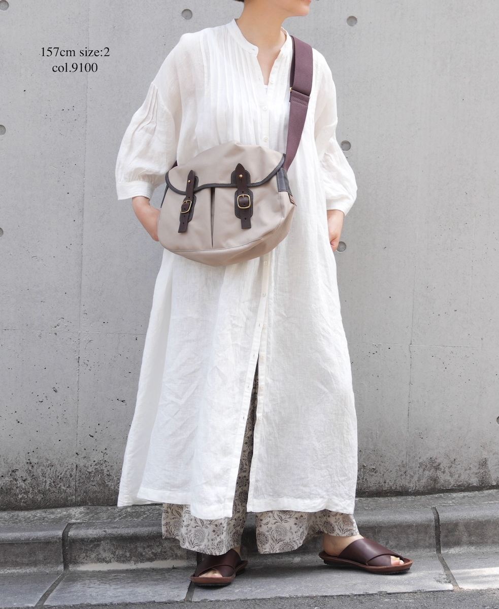 INSL25203(ワンピース) 60s LINEN PLAIN BANDED COLLAR 3/4SL PINTUCK DRESS