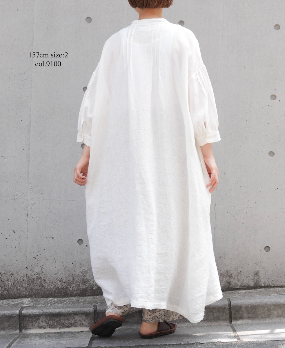 INSL25203(ワンピース) 60s LINEN PLAIN BANDED COLLAR 3/4SL PINTUCK DRESS