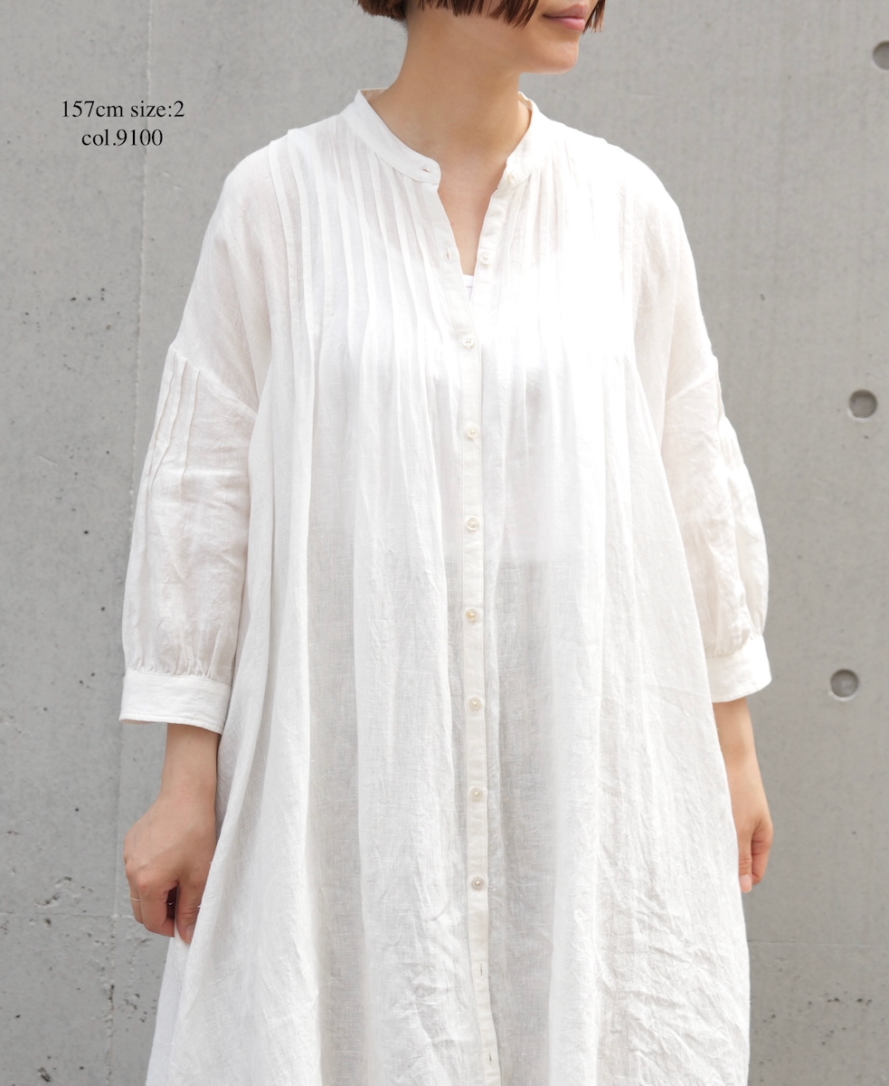INSL25203(ワンピース) 60s LINEN PLAIN BANDED COLLAR 3/4SL PINTUCK DRESS