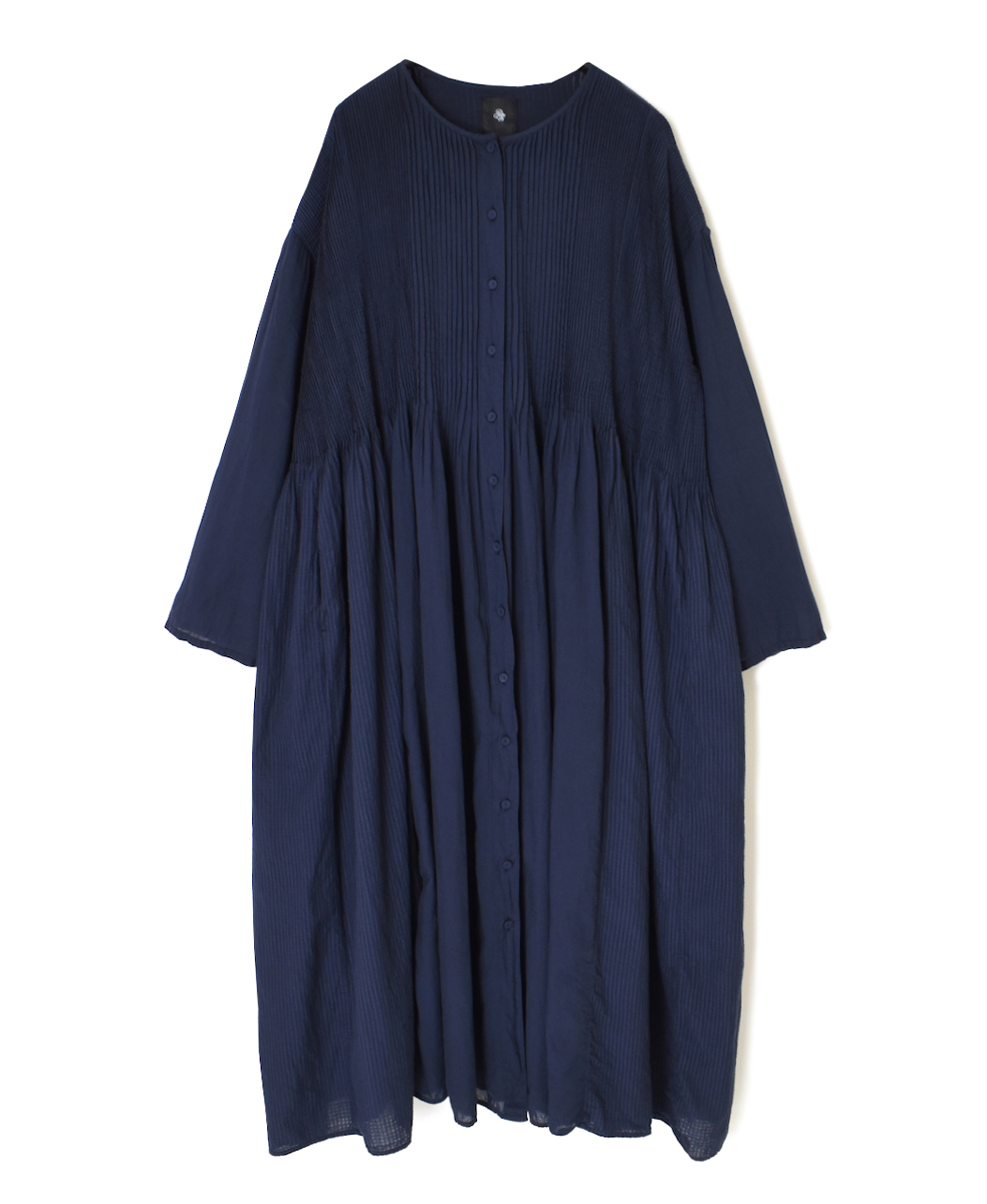 NMDS25514D(ワンピース) 80s ORGANIC COTTON SMALL CHECK&VOILE PLAIN(OVER DYE) CREW NECK BUTTON SHIRT MAXI DRESS WITH PINTUCK