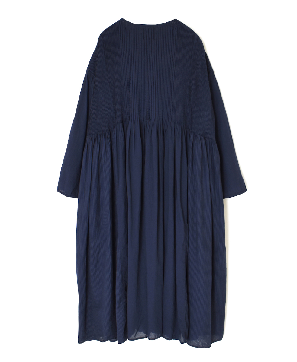 NMDS25514D(ワンピース) 80s ORGANIC COTTON SMALL CHECK&VOILE PLAIN(OVER DYE) CREW NECK BUTTON SHIRT MAXI DRESS WITH PINTUCK