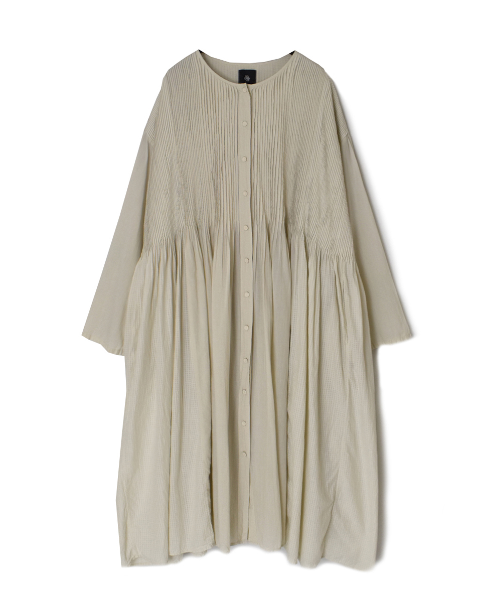 NMDS25514D(ワンピース) 80s ORGANIC COTTON SMALL CHECK&VOILE PLAIN(OVER DYE) CREW NECK BUTTON SHIRT MAXI DRESS WITH PINTUCK