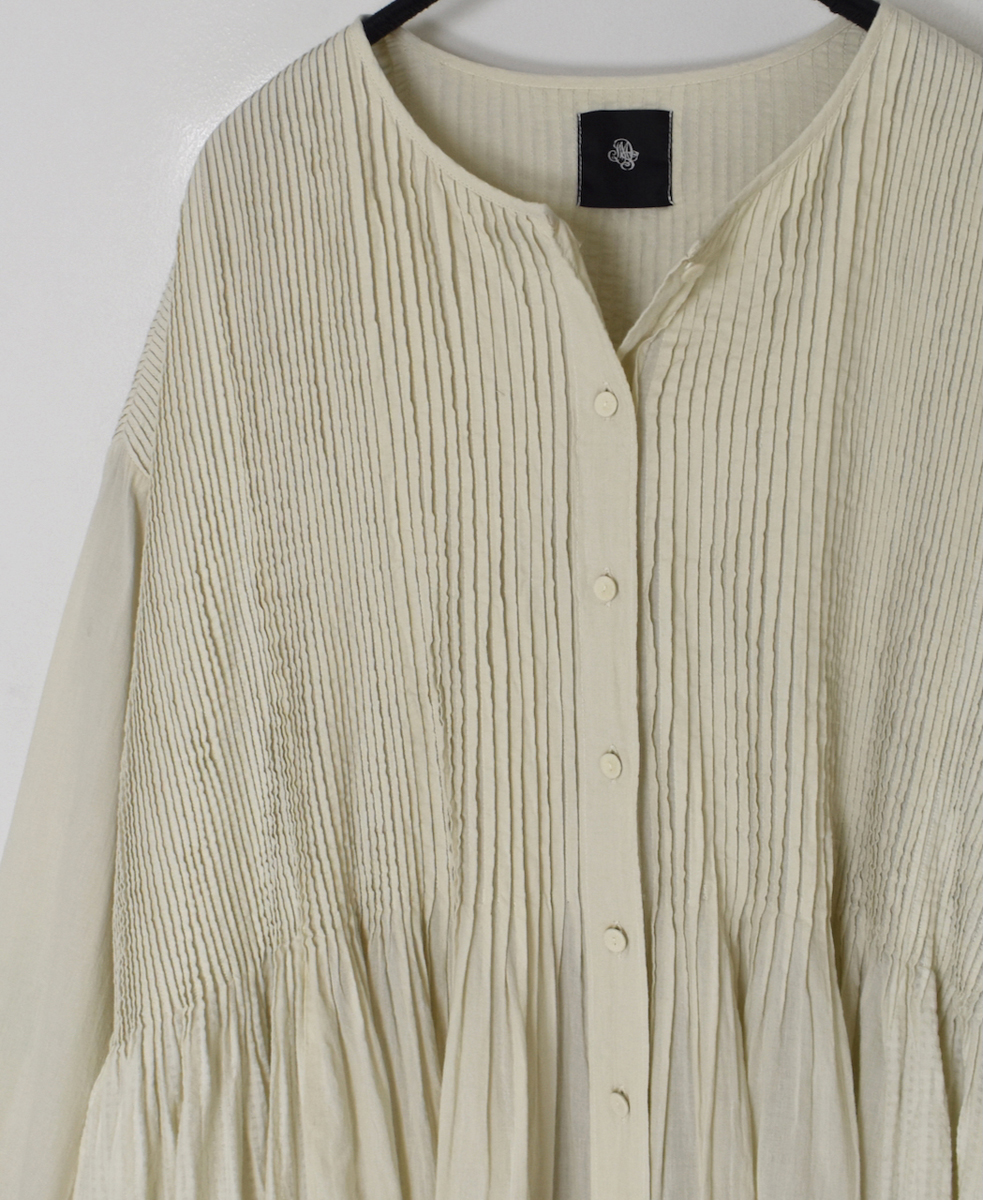 NMDS25514D(ワンピース) 80s ORGANIC COTTON SMALL CHECK&VOILE PLAIN(OVER DYE) CREW NECK BUTTON SHIRT MAXI DRESS WITH PINTUCK